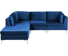 Beliani EVJA modulinė kampinė sofa 4 asmenims su pufu, aksominė, tamsiai mėlyna, dešininė