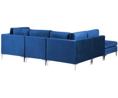 Beliani EVJA modulinė kampinė sofa 4 asmenims su pufu, aksominė, tamsiai mėlyna, dešininė