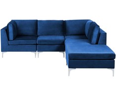 Beliani EVJA modulinė kampinė sofa 4 vietų su pufu, veliūras, tamsiai mėlyna, kairinė