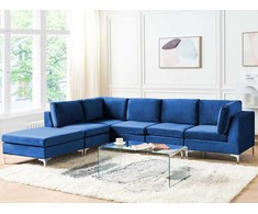 Beliani EVJA modulinė kampinė sofa 5 asmenims su pufu, mėlynas veliūras, dešininė