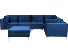 Beliani 6 vietų modulinė kampinė sofa EVJA su pufu, tamsiai mėlynas veliūras, kairinė