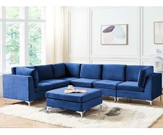 Beliani Modulinė kampinė sofa 6 vietų EVJA su otomana, tamsiai mėlynas veliūras, dešininė