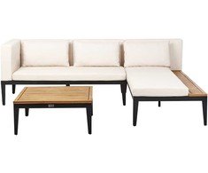 Lauko baldų komplektas Beliani Sodo kampinė sofa su staliuku 3 asmenims BRACCIANO kairinė, šviesiai smėlio spalvos, sertifikuota akacijos mediena