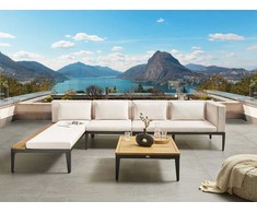 Lauko baldų komplektas Beliani Sodo kampinė sofa su staliuku 4 asmenims BRACCIANO dešininė, šviesiai smėlio spalvos, sertifikuota akacijos mediena