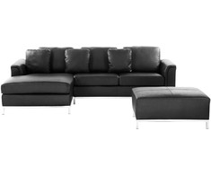 Beliani 5 vietų kampinė sofa OSLO, natūrali oda, juoda su otomanu, dešininė