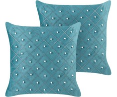 Beliani Rinkinys 2 dekoratyvinės pagalvės YARROW Velvet 45 x 45 cm Mėlyna Geometrinis raštas