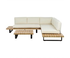Lauko baldų komplektas Beliani Sodo kampinė sofa su staliuku 5 asmenims MYKONOS dešininė, kreminės spalvos, sertifikuota akacijos mediena