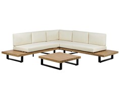 Lauko baldų komplektas Beliani Sodo kampinė sofa su staliuku 5 asmenims MYKONOS dešininė, kreminės spalvos, sertifikuota akacijos mediena