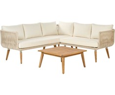 Lauko baldų komplektas Beliani ALCAMO kairinė kampinė sofa su staliuku 5 asmenims, akacijos mediena, šviesiai smėlio spalvos