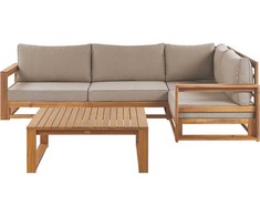 Lauko baldų komplektas Beliani Sodo kampinė sofa su staliuku 4 asmenims TIMOR kairinė šviesiai ruda, sertifikuota akacijos mediena, modulinė