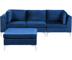 Beliani 3 vietų modulinė sofa EVJA su pufu, tamsiai mėlynas veliūras