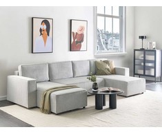 Beliani U formos išskleidžiama sofa 4 asmenims VATNE šviesiai pilka su daiktadėže