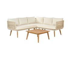 Lauko baldų komplektas Beliani ALCAMO kairinė kampinė sofa su staliuku 5 asmenims, akacijos mediena, šviesiai smėlio spalvos