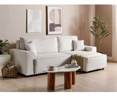 Sofa Beliani Išskleidžiamas kampe statomas 3 vietų sofos komplektas ABACKA, velvetas, kreminė balta, kairinė pusė