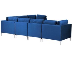Beliani 6 vietų modulinė kampinė sofa EVJA su pufu, tamsiai mėlynas veliūras, kairinė