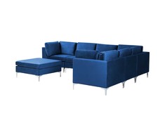 Beliani 6 vietų modulinė kampinė sofa EVJA su pufu, tamsiai mėlynas veliūras, kairinė