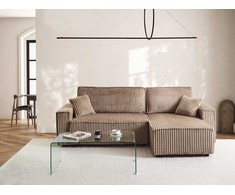 Beliani Išskleidžiama 3 vietų kampinė sofa ABACKA iš velveto, šviesiai ruda, su patalynės dėže, kairinė