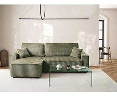 Beliani Išskleidžiamas trijų vietų kampinė sofa ABACKA, velvetinis, žalias, su daiktadėže, dešininė