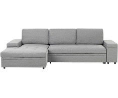 Sofa Beliani Išskleidžiamas kampinis sofos komplektas HRISEY 3 asmenims, sintetinis linas, pilkas, su daiktadėže, dešininis
