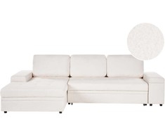 Beliani Išskleidžiama 3 vietų kampinė sofa HRISEY Boucle balta su daiktadėže, dešininė