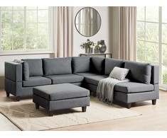 Beliani Penkių vietų modulinė sofa UNSTAD dešininė, tamsiai pilka su pufu