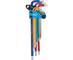 Bgs Technic L tipo raktų rinkinys | daugiaspalviai šarnyriniai su skyle labai ilgi | T-Star (Torx) T10 - T50 | 9 vnt. (74465)