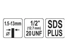 Grąžtas Toya Sa Poland Grąžto griebtuvas su raktu ir SDS-Plus adapteriu | 1.5–13 mm | 1/2"-20UNF | Yato (YT-820302)