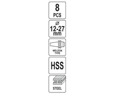Grąžtas Yato Toya Sa Poland HSS karūninių grąžtų rinkinys magnetinėms gręžimo staklėms 12–27 mm, 8 vnt. (YT-43400)