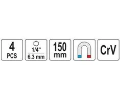 Yato Toya Sa Poland Antgaliai - galvutės magnetinės CR-V | 1/4" | 150 mm | 4 vnt | 6-13 mm (YT-04642)