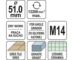 Deimantinė gręžimo karūna sausam pjovimui Yato YT-60446; M14; 51 mm