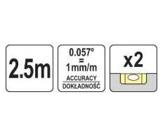 Yato Toya Sa Poland Lyginimo lenta / gulsčiukas | aliumininė 2 akutės | 2,5 m (YT-3073)