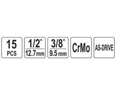 Yato Toya Sa Poland Smūginių trumpų galvučių rinkinys – AS-Drive 1/2", CrMo – 10–27 mm, 15 vnt (YT-10253)