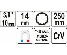 Yato Toya Sa Poland Galvutė žvakėms 12 kampų | ypač ilga | magnetinė | 10 mm (3/8") | 14 mm (YT-38521)