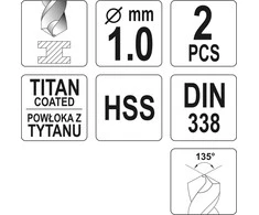 Toya Sa Poland Grąžtas metalui HSS-TIN 1.0 mm, 2vnt. (YT-44630)