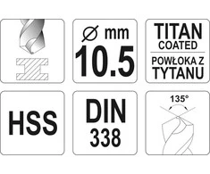Toya Sa Poland Grąžtas metalui HSS-TIN 10.5 mm (YT-44663)