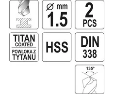 Toya Sa Poland Grąžtas metalui HSS-TIN 1.5 mm, 2vnt. (YT-44631)