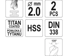 Toya Sa Poland Grąžtas metalui HSS-TIN 2.0 mm, 2vnt. (YT-44632)