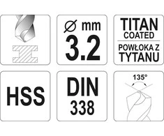 Toya Sa Poland Grąžtas metalui HSS-TIN 3.2 mm (YT-44637)