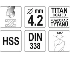 Toya Sa Poland Grąžtas metalui HSS-TIN 4.5 mm (YT-44643)