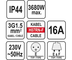Yato Toya Sa Poland Prailginimo kabelis guminis IP44, 3x1,5mm² 20 m su 3 rozečių lizdais (YT-81162)