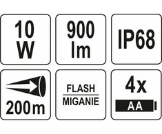 Yato KITAS ŽIBINTUVAS / PISTOLETO PAIEŠKA 10W 900LM IP68 4XAA