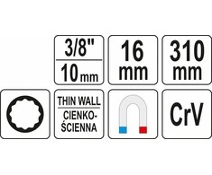 Yato Toya Sa Poland Raktas žvakėms plonasienis | su prailginimu ir magnetu | 310 mm / 16 mm (YT-08164)