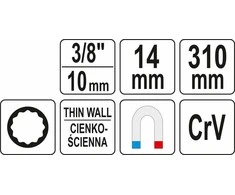 Yato Toya Sa Poland Raktas žvakėms plonasienis | su prailginimu ir magnetu | 310 mm / 14 mm (YT-08163)