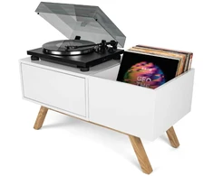 Laikiklis Reloop „Glorious“ patefono formos žema lentynėlė yra aukštos kokybės baldas, pasižymintis retro 1960-ųjų dizainu.