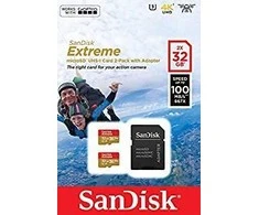 Atminties kortelė SanDisk Extreme Micro SDHC 32GB + SD Adapteriai veiksmo sporto kameroms - Twin Pack - 100MB/s A1 C10 V30 UHS-I U3; EAN: 619659155117