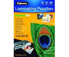 Fellowes | Laminavimo maišelis | A3 | Blizgus | Storis: 100 mikronų, kiekis pakuotėje: 100 vnt.; Idealiai tinka pranešimams, rankdarbių medžiagoms, iškaboms ir dažnai naudojamiems dokumentams; Suderinamas su visų prekių ženklų laminatoriais