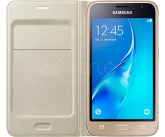 Samsung Galaxy J1 (2016) Flip atverčiamas dėklas - piniginė (Auksinis)