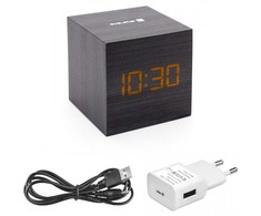 Evelatus EMC02 Digitāls koka kuba Pulkstenis Modinātājs ar termometru + USB adapteris Melns