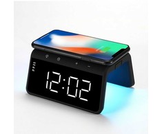 Evelatus WCC01BK 2in1 Lielais Ciparu Signāla Pulkstenis ar 10 W bezvadu lādētāju un RGB krāsu lampu melnā krāsā