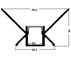 Avide įleidžiamas aliuminio profilis vidiniam kampui 46.8x24mm su juodu dangteliu, 1m